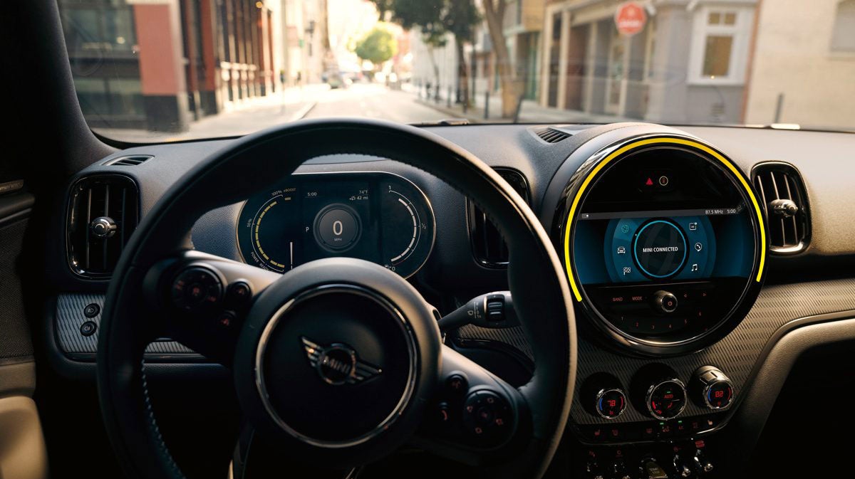 The MINI Cooper SE Countryman PHEV steering wheel. MINI of Montgomery County in Gaithersburg MD