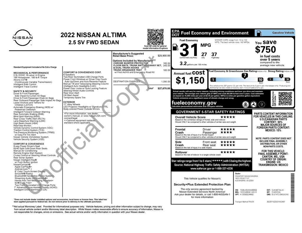2022 Nissan Altima 2.5 SV Certified Select