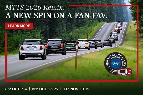 Banner for MINI Takes the States 2026 Remix showing MINI vehicles on a scenic drive and listing event dates in California, Ne