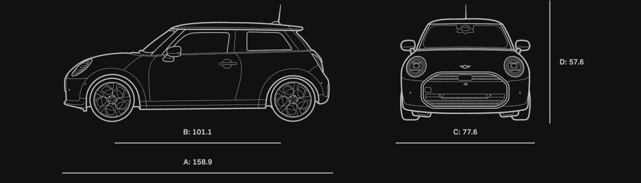 Side view and front view sketch of a MINI Cooper 2 Door with dimensions.